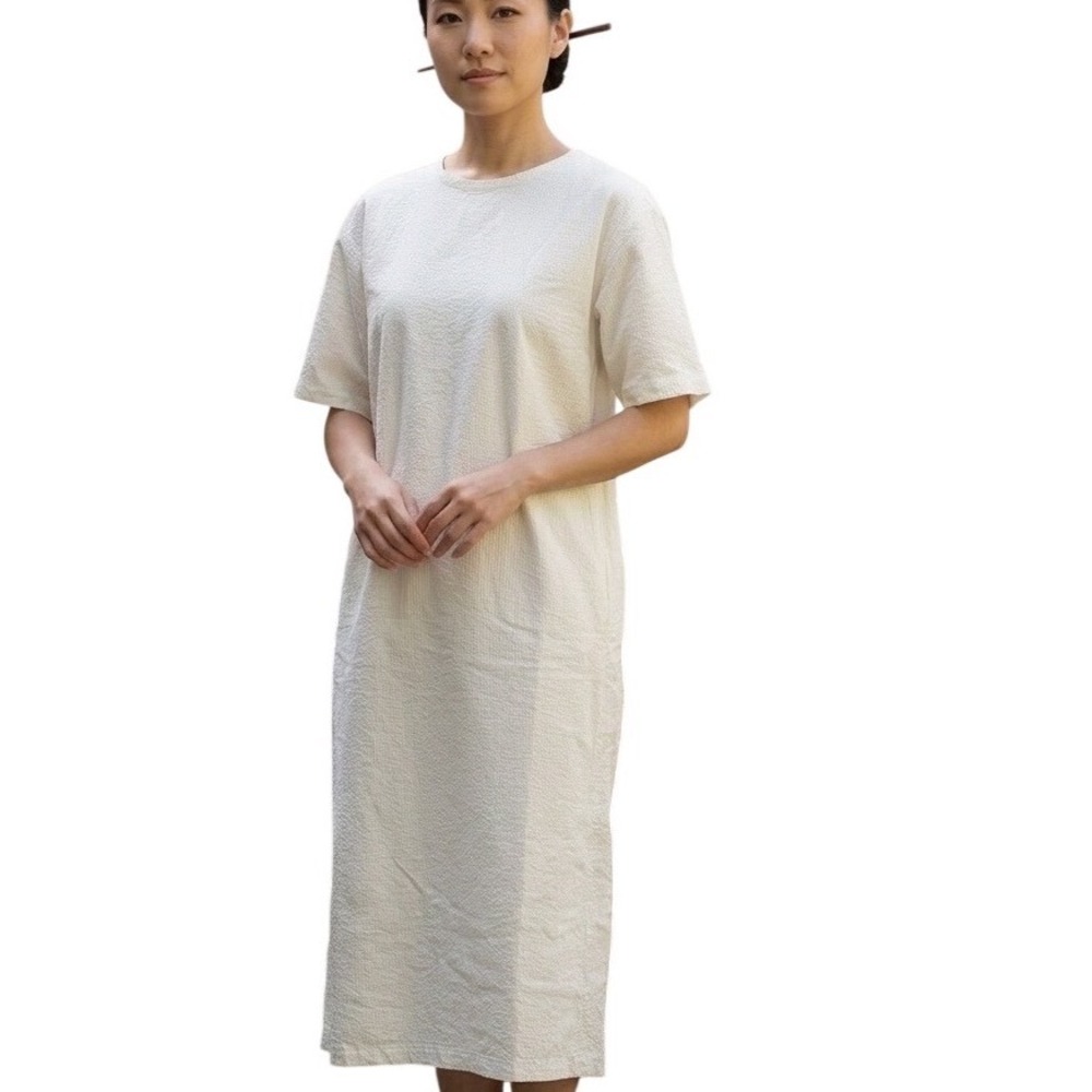 Uniqlo U Seersucker Cotton Short Sleeve Belted Midi Dress Cream XXS 466284